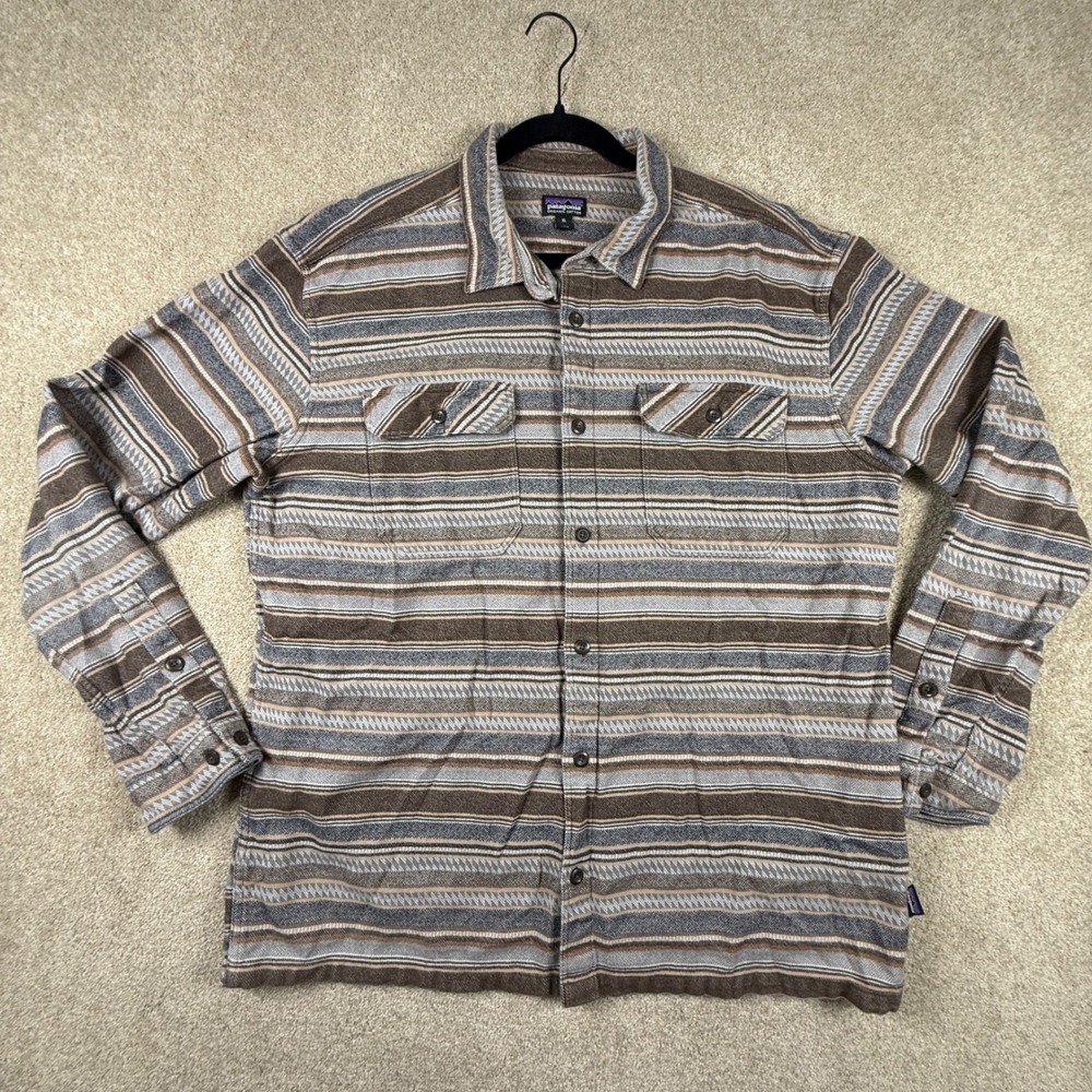 Patagonia Mens XL Organic Cotton Flannel Shirt Striped Brown Grey Button Down
